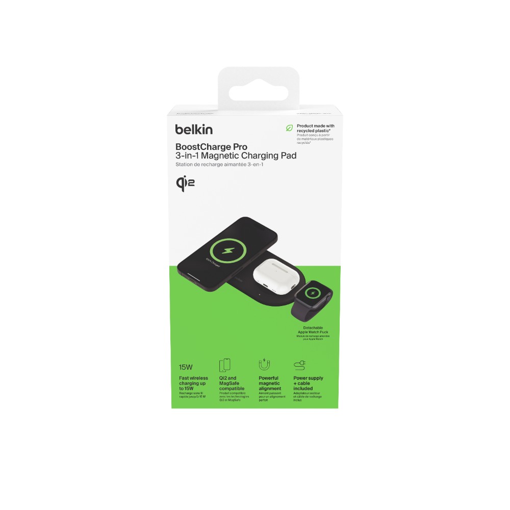 Station de charge sans fil 3-en-1 avec Qi2,15 W, noir