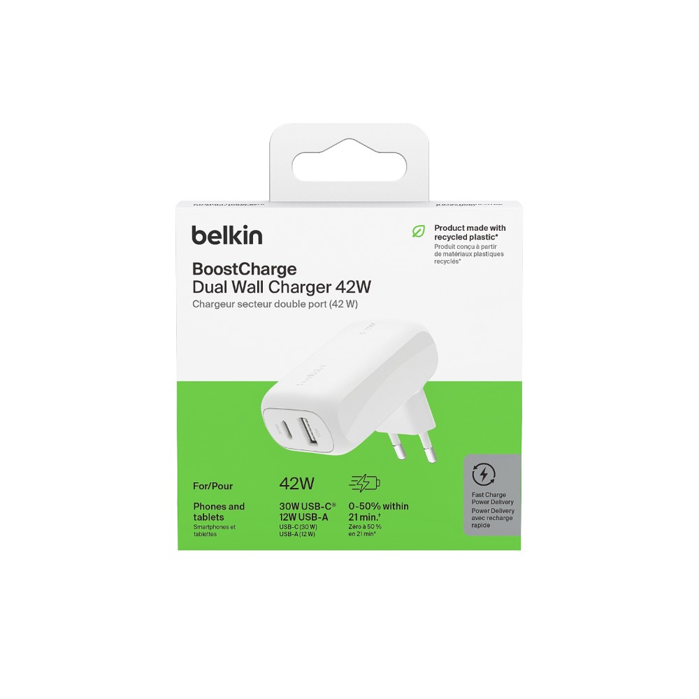 Chargeur secteur port USB-C 30 W et port USB-A 12W, blanc